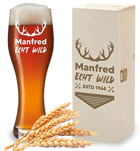 polar-effekt Weißbierglas + Holzkiste mit personalisierter Wunschgravur - Motiv: Echt Wild - 1x Kiste aus Echtholz - 1x Weizenbierglas 500 ml - Pils, Weizen, Craftbier - Papa, Vater - Weihnachten