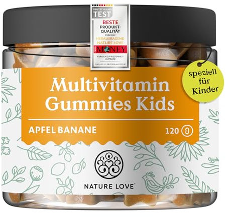 NATURE LOVE® Multivitamin Gummies Kids – 120 Stück – ohne Zuckerzusatz – Mit Vitamin A, B1, B3, B6, B7 (Biotin), B12, E und Jod – Vitamine für Kinder als Gummibärchen – vegan und laborgeprüft