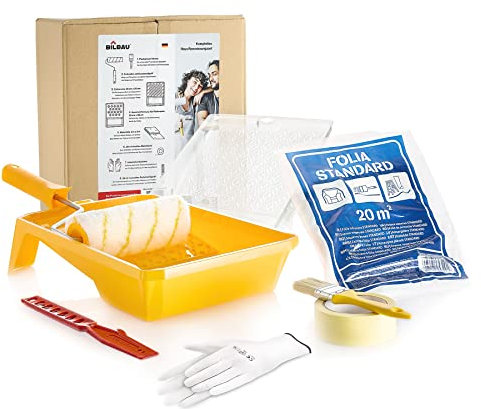 Bilbau Kit peinture maison plateau rouleau + insert bâche papier ruban 4131 gants en polyester maille sans couture EU Standard agitateur pinceau plat ensemble complet peintres intérieurs