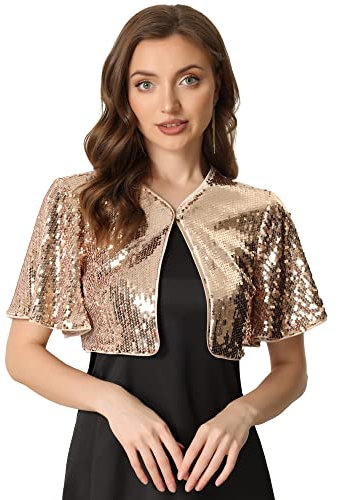 Allegra K Sequin Jacket for Women Sparkly Bolero Crop Glitter Shrug Rose Gold L