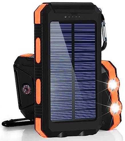Fast Charging 20000 mAh Solar Power Bank with Dual USB Ports | Portable Solar Phone Charger with 2 LED Flashlights & Compass | Waterproof Power Bank for Outdoor, Camping, Smartphones Tablets (Orange)