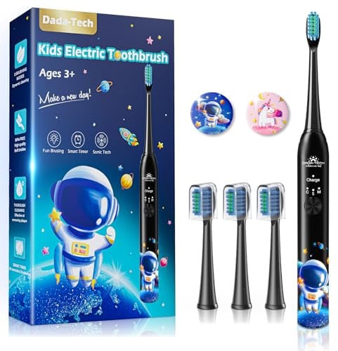 Brosse à Dents Électrique Enfant 3-6-8-12-18 Ans,Brosse a Dent Electrique Enfant Rechargeable Avec Minuteur, Autocollants pour Habitudes et 4 Têtes Douces Pour Kids Filles Et Garçons(Astronaute Noir)