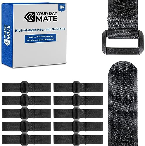 Klett-Kabelbinder mit Schnalle, 10 Stück, 50 cm Länge, in Schwarz, Kabelklett aus Nylon, Schnallenklettband, wiederverschließbare Kabelorganisation, Kabelbinder Klett Verschluss, Klemme Kabel Band