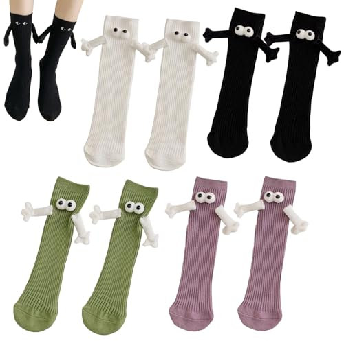 DGUSO 4 Paar Lustige Magnetische Saugnapf, Hand in Hand Socks 3D Puppe Paar Socken Lustige Magnetische Socken für Frauen Männer, Socken mit Magnetarmen Unisex Lustige Halten Hände Socken