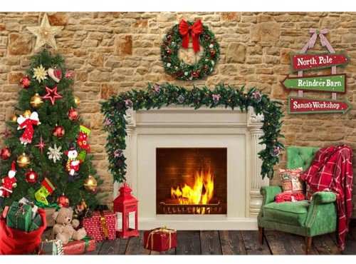 Kamin Hintergrund Weihnachtsbaum Retro Backsteinmauer Fotografie Hintergrund 180x120cm Grüner Stuhl Geschenkbox Weihnachtskranz Hintergrund Studio Portrait Fotografie Requisiten