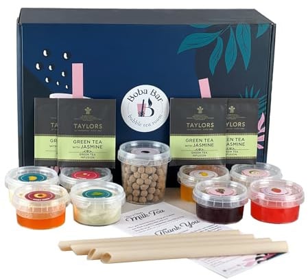 Sunny Day - Kit Bubble Tea misto (per 4 persone) con 4 - Gusti di tè misti, 4 - Popping Boba e guarnizioni in gelatina, Bubble tea con perle di tapioca | Bustine di tè verde e Assam di