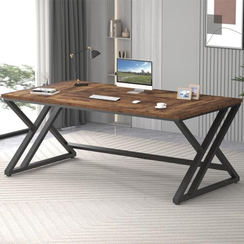 LVB Computer Desk, Industrial Extra Long Wood Home Office Desk, Large Rustic Metal Workstation Pc Study Writing table, Dual monitor Double Work Executive Desk for Two Person, Rustic Brown, 180cm