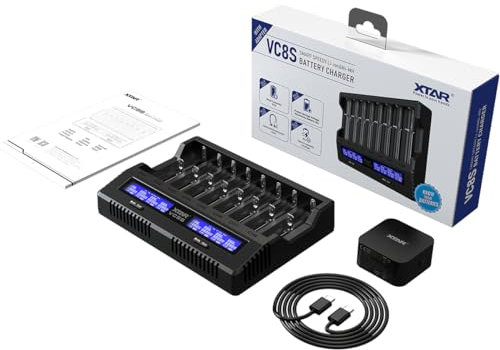 XTAR VC8S Wiederaufladbares 18650 21700 Batterieladegerät 8 Steckplätze USB C Batterieladegerät Test Batterien Echte Kapazität mit PD45W Adapter für 3,6V 3,7V Li-Ion- und 1,2V NI-MH-Batterien