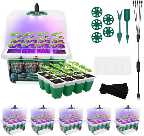 MYMULIKE Self-Watering Seed Trays with Grow Light, Silicone Propagator for Plants, Mini Greenhouse Small Propagation Set with Time Controller & Adjustable Brightness
