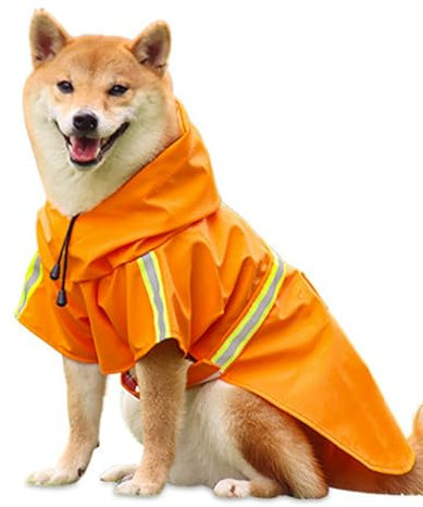 Hunderegenmantel Verstellbarer Leichter Hundemackintosh Hunderegenmantel Wasserdicht Mit Kapuze und Reflektierenden Streifen für kleine Mittlere und Große Hunde für Spaziergänge im Freien (Orange, L)