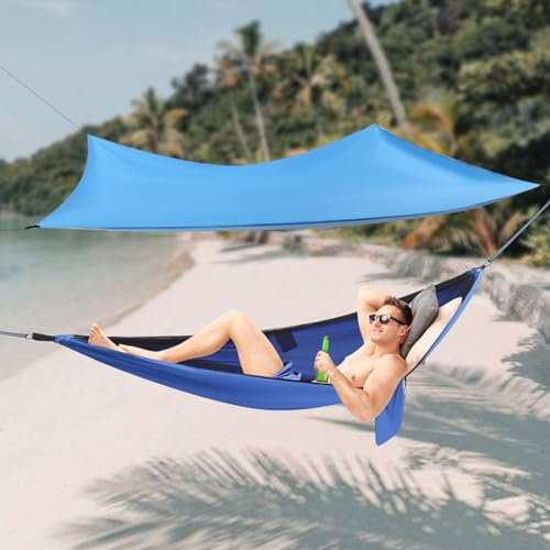 Hamac de camping 140 x 290 cm en nylon et polyester, respirant, avec moustiquaire et bâche, charge maximale : 200 kg, bleu