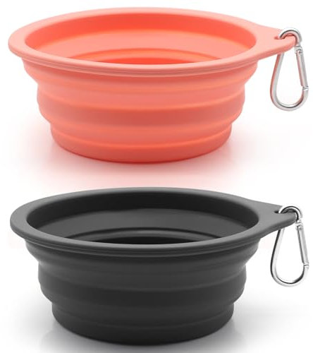 SLSON Ciotole per Cani da 2 Pezzi Ciotola da Viaggio Integrata Pieghevole Senza Bordo in Plastica Ciotola Portatile per Escursioni in Campeggio per Cani Gatti 600ML (Grigio+Rosa)