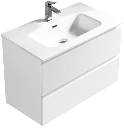 Alpenberger Waschbecken mit Unterschrank 80 cm Breit Weiß Glänzend | Aufsatzwaschbecken Waschbeckenunterschrank | Waschtisch Gäste WC Möbel Set | Waschtischunterschrank Hängend