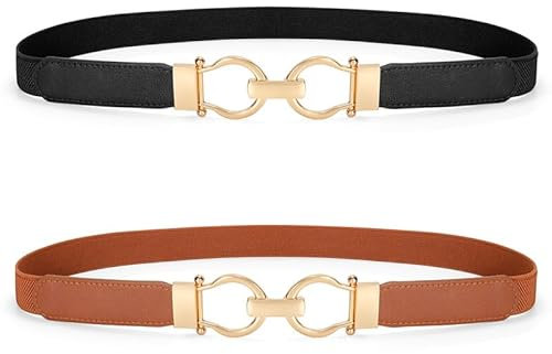 JasGood 2 Stück Dünner Elastischer Taillengürtel Damen Skinny Schmaler Gürtel Damen Dehnbarer Taille Gürtel für Kleider mit Gold Schnalle,Schwarz+Braun,90cm