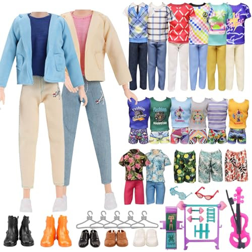 WanderGo 31 Stück Kleidung und Zubehör Kompatibel mit Ken Puppen, Enthält 1 Anzug-Set, 3 Kurzarm-Hosen-Sets, 1 Badehose, 5 Schuhe, 16 Accessoires Zufälliger Stil für 12 Zoll Jungen Puppen