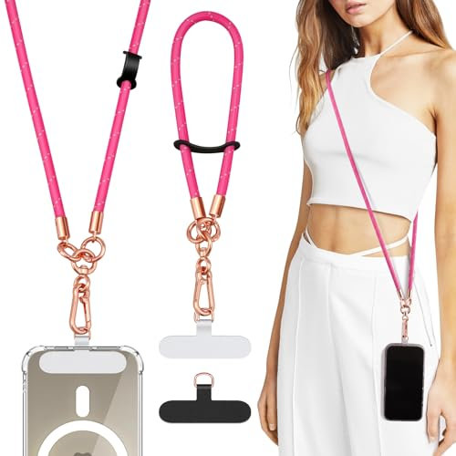 TiMOVO Handykette Universal zum Umhängen, 2 Stück Verstellbar Schlüsselband, 1 x Halsband + 1 x Handgelenkband, Polyester Handyband Handy Lanyard mit 2 Lanyard-Patch, Magenta