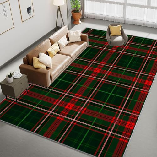 Generisch Schottisch Karierte Streifen Quadrate Teppich, Rot Und Grün, 60x90 cm, Rutschfest, Weich, Waschbar, Modern, Wohnzimmer, Schlafzimmer und Flur