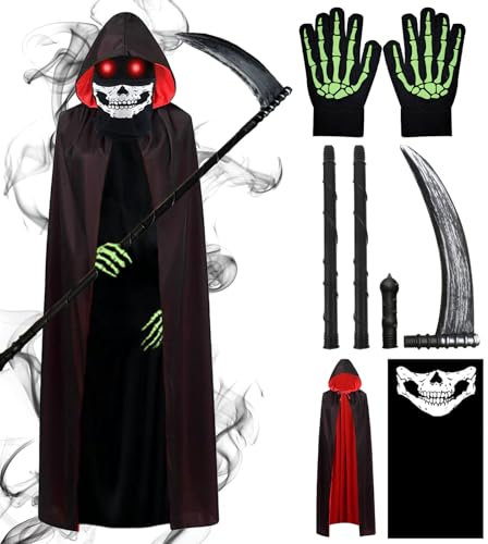 DaengGeGe Costume Morte Bambini, Mantello da Morte a Doppio Strato Nero e Rosso, Costume Morte 120 cm per Halloween con Falce, Maschera, Guanti, Cappuccio, Costume Halloween Bambini Morte per Cosplay