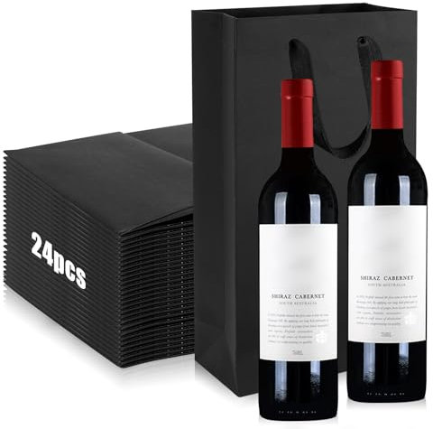 24 Sacs Cadeaux de Vin pour 2 Bouteilles de Vin, SHAIDOJIO Sac Cadeau Vin Noir en Vrac avec Poignée, Sac Bouteille Vin en Papier Kraft avec Séparateur de Bouteille pour Fête Noël Affaires Mariage