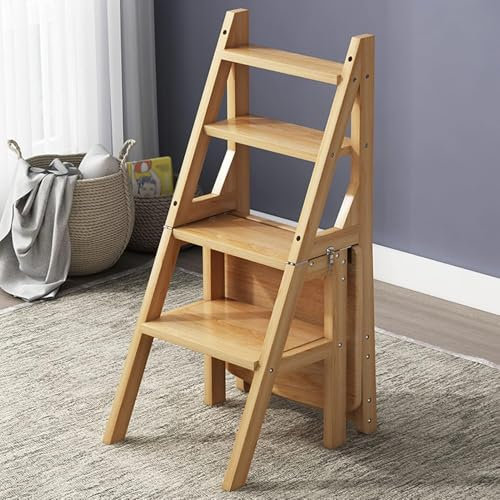 WOTZOV Holzhocker Holzleitern Klappbarer 4-Stufen-Hocker Küchenfußhocker Tragbare Holzleitern Hocker für den Haushalt Innen-Trittleiter,
