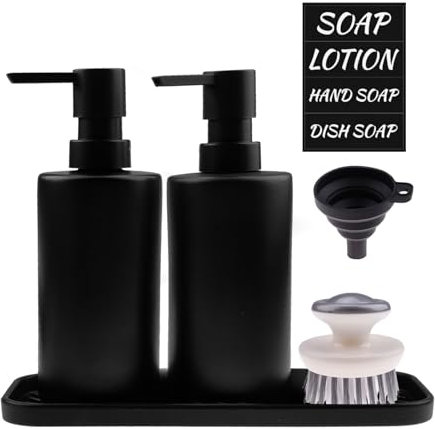 SenaiMy Seifenspender Schwarz 350ml Spülmittelspender Set mit Tablett Trichter Pinsel Modern Handseifenspender Reinigen Soap Dispenser Seifenspender für Küche Badezimmer Arbeitsplatte