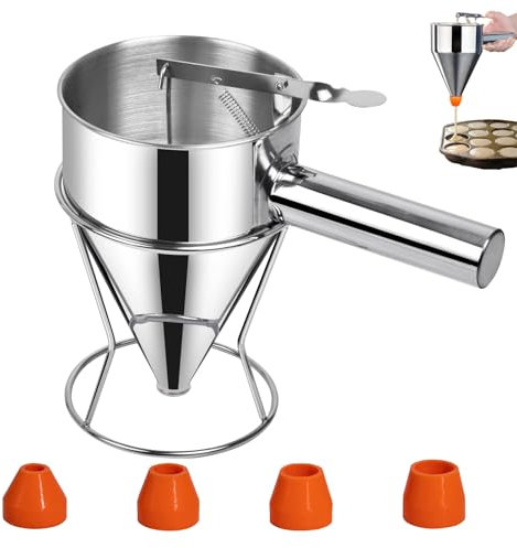 Pfannkuchen Teigspender, 600ml Pfannkuchen Teigspender Teigportionierer Edelstahl, Backtrichter Kolbentrichter Fondanttrichter Edelstahl mit Rack und 4 Verschiedenen Düsen für Pfannkuchen
