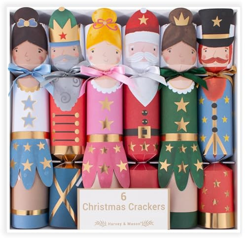 Christmas Crackers | Pack of 6 Characters | 12 Length | Gold Foil Hotstamp & Colour Ribbon Finish | Includes Hat, Snap, Motto & Gift | Family-Friendly xmas crackers table decoration