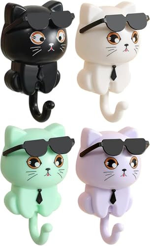 WWMH 4 Stück Sonnenbrille Katze Schlüsselhaken Selbstklebend, Haken Katzen Schlüsselhalter Wand
