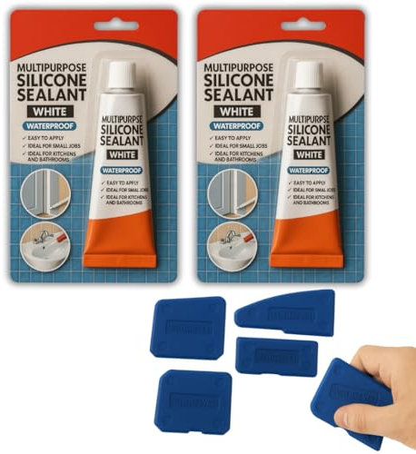 2 Pack White Silicone Sealant (70g Each) – Waterproof Multipurpose Caulk for Bathroom & Kitchen, Indoor & Outdoor Use – Includes 4 Silicone Applicator Tools