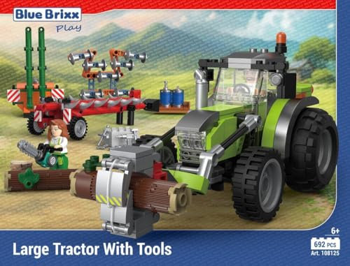 BlueBrixx Play 108125 – Großer Traktor mit Werkzeugen aus Klemmbausteinen mit 692 Bauelementen