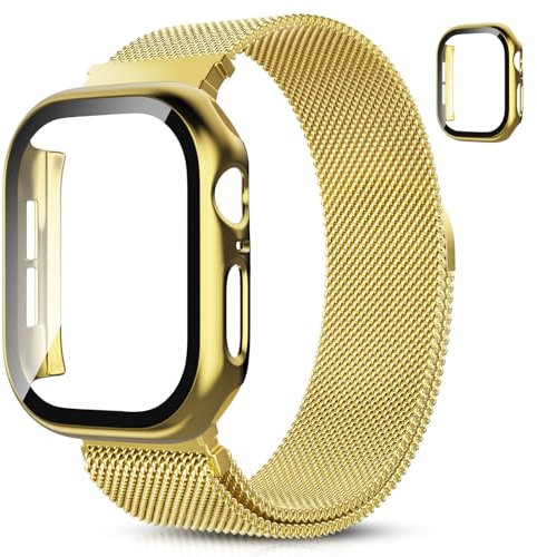 Hexasider Magnetisch Armband mit Schutzhülle für Apple Watch Band 38/40/41/42/44/45/46/49mm Damen Herren, Edelstahl Milanese Loop Band und Hülle iWatch Series 10 9 8 7 6 5 4 3 2 1 SE/2 Ultra