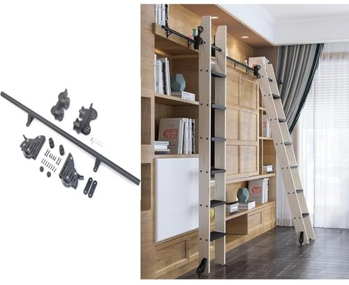 SNLKCLRA Hardware-Kit für rollende Bibliotheksleitern, Teleskop-Oberrolle, vielseitig einsetzbar für Dachbodentreppen/Bücherregale, untere Bremsrolle, rustikales schwarzes Finish (ohne Leiter) (einfa