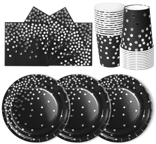 PYAILI Party Geschirr 72 Stück Schwarz Silber Kinder Geburtstag Mädchen Party Dekoration Zubehör Set Papier Geschirr Set-24 Guests