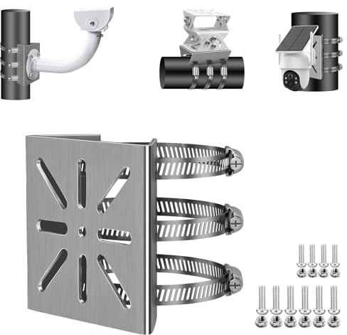 ZT-NET Pole Mount for Security Camera, Stainless Steel Mounting Corner Bracket with 3 Loop Pipe Clamps Suitable for CCTV Cameras LED Wall/Stage Lights, Solar Panels (Small Size)