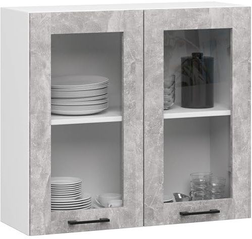 AKORD OLIWIA 80 cm Hängeglasschrank 2 Regalböden & 2 Türen | Hängeschrank Einbauküche Küchenzeile Küchenmöbel Oberschrank Küchenschrank B80xH72xT30,5 cm | Weiß & Beton
