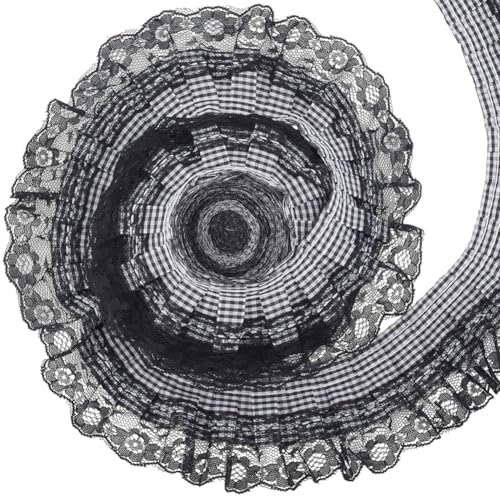 GORGECRAFT 4.6 m de Mousseline Plissée à Carreaux Noirs Bordure en Dentelle Froncée 6.3cm de Tissu à Volants en Organza Vichy Rubans Brodés à Carreaux de Buffle pour Couture Vêtements Embellissements