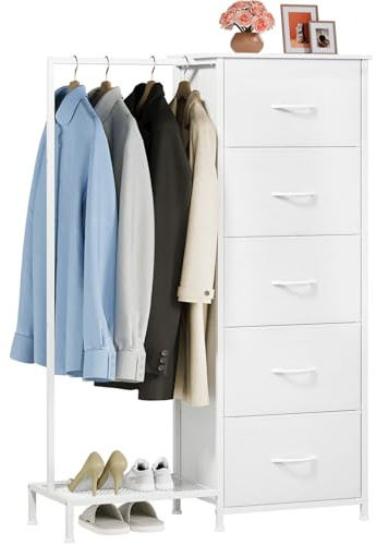 Somdot Kommode mit Kleiderstange, 5 Schubladen, Schuhablage, Weiß | Komodenschrank, Stoffschubladen, Wohnzimmer, Schlafzimmer, Holzwerkstoffplatte, Metallrahmen, Zuggriffe, 30T x 79B x 114,5H