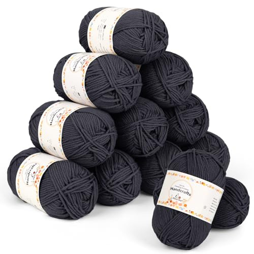 Aeelike 600g(12x50g) Acryl Wolle Zum Stricken, 5Ply Baumwolle zum Häkeln, Ultraweiche Baby Wolle Handstrickgarne Häkeln von Socken, Mützen, Schals, Puppen, Haustierkleidung, Anthrazitgrau