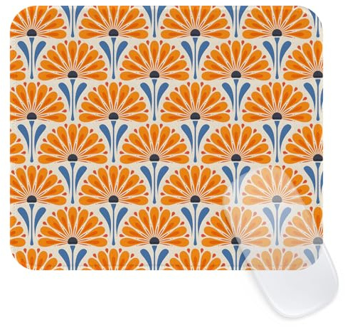 Ksriylm Retro Square Flower Mouse Mat,Small Aesthetic Patterned Girly Mouse Pad with Stitched Edge,Boho Waterproof Non-Slip Rubber Base Computer Mousemat for Office Home,Orange
