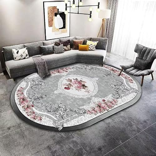 Großer Teppich für Schlafzimmer, Wohnzimmer, Nachttisch, große Fläche, Ellipsen-Teppich, weich, oval, rutschfest, Vintage-Stil, traditioneller Blumendruck in Rosa und Grau, 200 x 300 cm