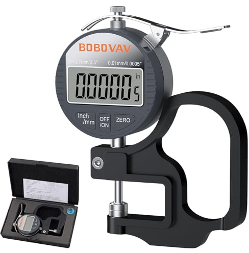 BOBOVAV Digital Thickness Gauge 0.5 inch/12.7mm, 0.0005 inch/0.01mm Thickness Measuring Tool Meter with Inch/MM Conversion with Precise LCD Display, Suitable for Leather/Paper/Wire/Fabric/Film etc.