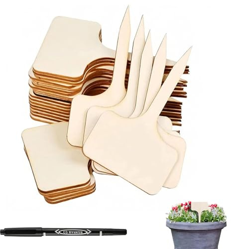 Bamboo Plant Label, 50PCS T-Type Wooden Plant Tags, 10x6cm Plant Labels and Pen for Outdoor Plants, Plant Labels for Outdoor Herbs Flowers Vegetable Seedling