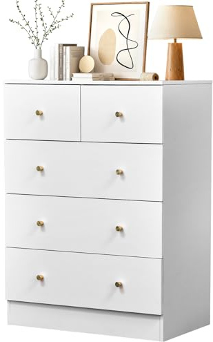 Karl home White Chest of Drawers, Tall 5 Drawer Dresser, Wood Storage Organizer with Anti-Tipping Design, Metal Runner, Gold Metal Handles for Bedroom, Living Room, Hallway, Entryway