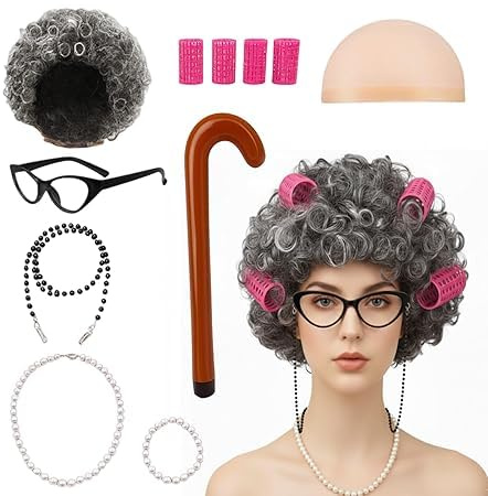 11Stück alte Frau Kostüm Set Großmutter Rollenspiel Zubehör, Oma Kostüm, Perücke Hut, Oma Perücke Grau, Perlen Halskette Armband, Brille und Aufblasbare Krügel, Rentner Kostüm, Halloween Karneval