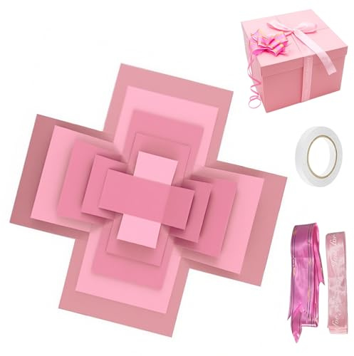 5 Lagige Kreative Explosionsbox, DIY Handgemachte Geburtstag Box, Geschenkbox Aufklappbar, DIY Überraschungsbox mit Klebeband und Band, Wiederverwendbar, für Jubiläum Geburtstag, Rosa