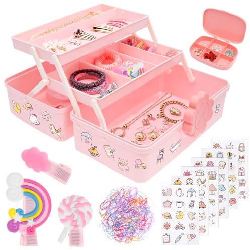 Hair Accessories Organizer for Girls Women Pink 3 Layer Multipurpose Storage Box with Lockable and Handle Cute Hair Accessory Organizer Portable Craft Storage Boxes for Sewing Nail Tool Stationery