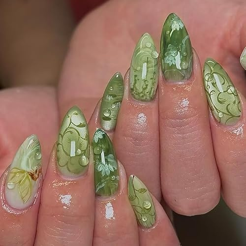 24pcs Medium Almond False Nails, Green Ombre Press on Nails with Green Vines 3D Dewdrops Design, Summer Stick on Nail Tips Removable Glue-on Fake Nail Art Accessories for Women