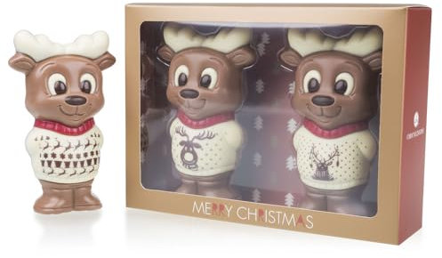 CHOCOLISSIMO - Cioccolato di Natale - 2 figurine di renne di cioccolato con maglione bianco - Regalo di Natale al cioccolato - Cioccolato belga - Idee regalo per bambini, ragazze, ragazzi, uomini