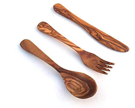 3er Set Besteck 3 Teile Tafelbesteck Gabel Löffel Messer Holz-Besteck Essbesteck Olivenholz Handgemacht Geschenk