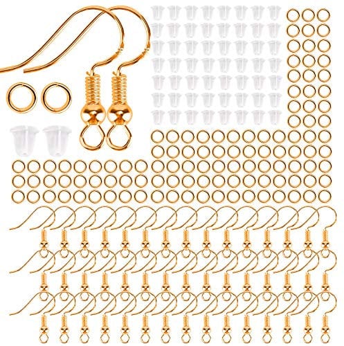 AIEX C03054 300 PCS Jewelry Making Supplies Kit with 925 Sterling Silver Earring Hooks, Clear Safety Backs, Ear Wire Hooks, Jump Rings (Gold)